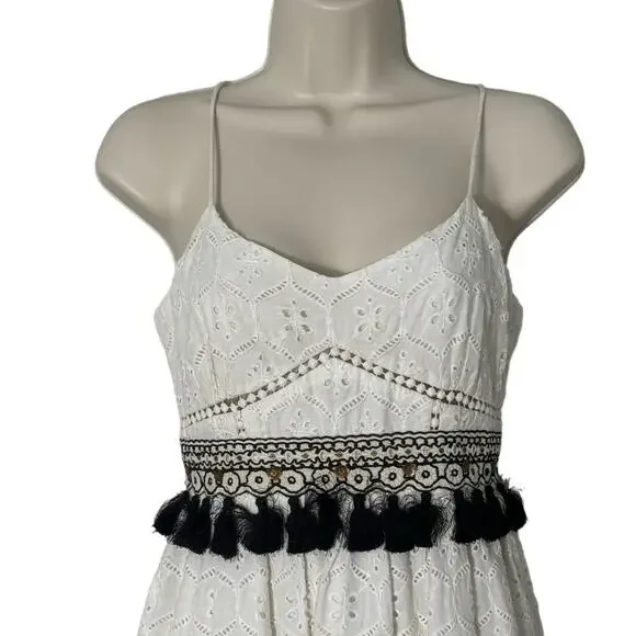 Hemant & Nandita Sleeveless White Eyelet‎ Black Tassel Midi Dress Size XS